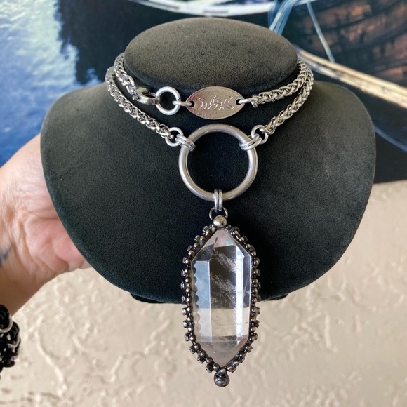 Natural Crystal quartz black electroplated boho goth stainless steel necklace - Picture 8 of 14